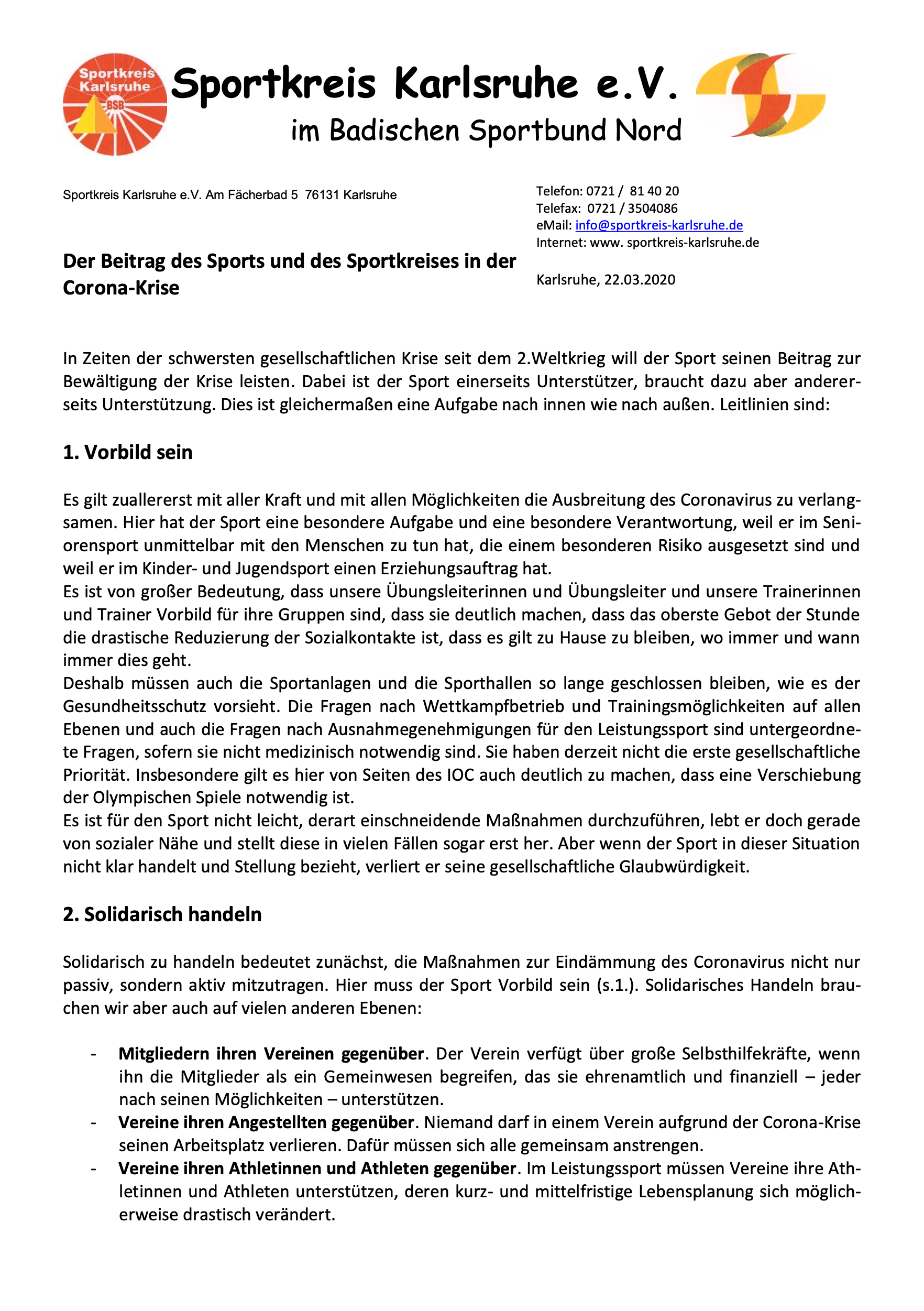 Der Beitrag des Sports und des Sportkreises in der Corona-Krise