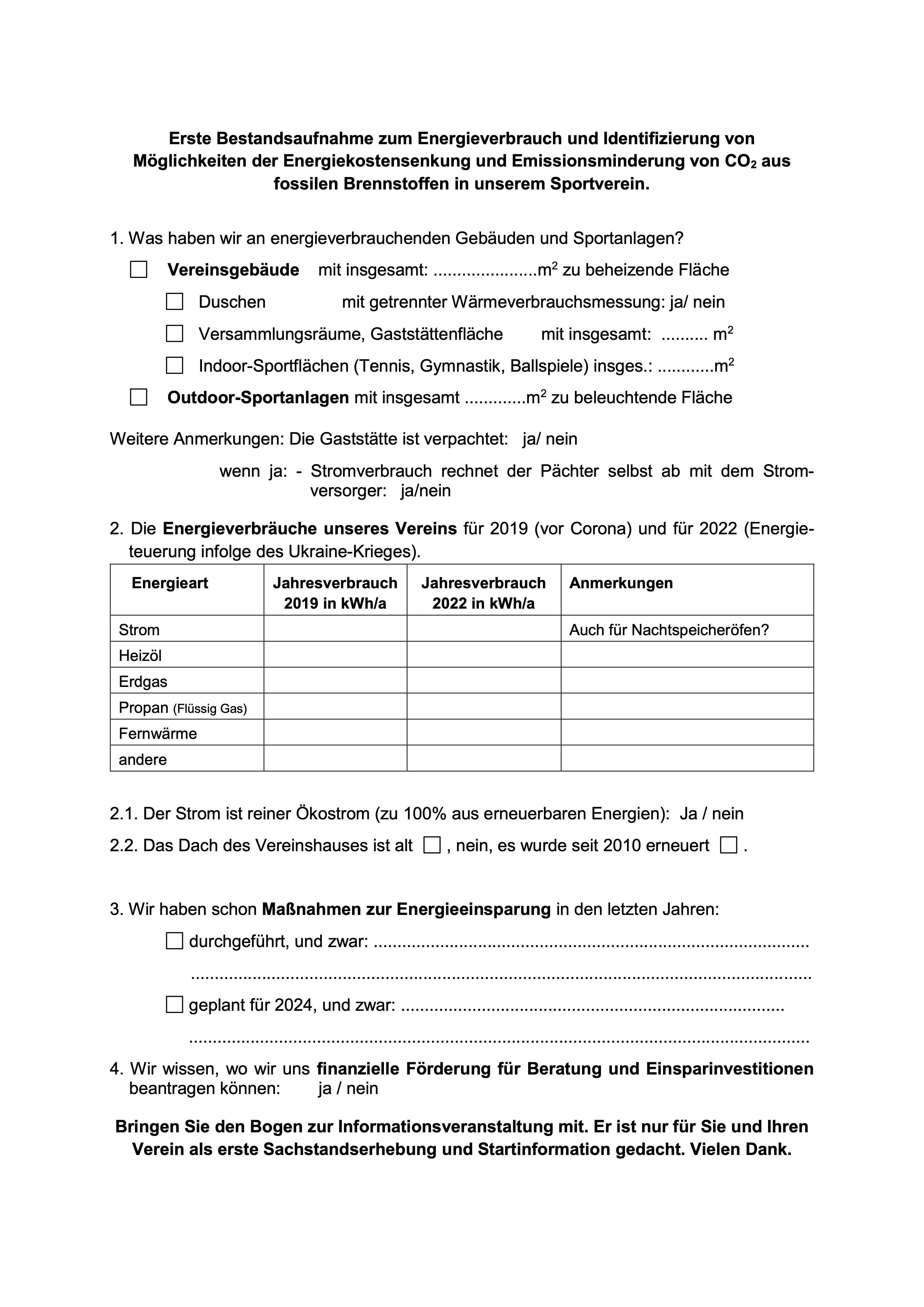 Erste Bestandsaufnahme Energieverbrauch-Verein