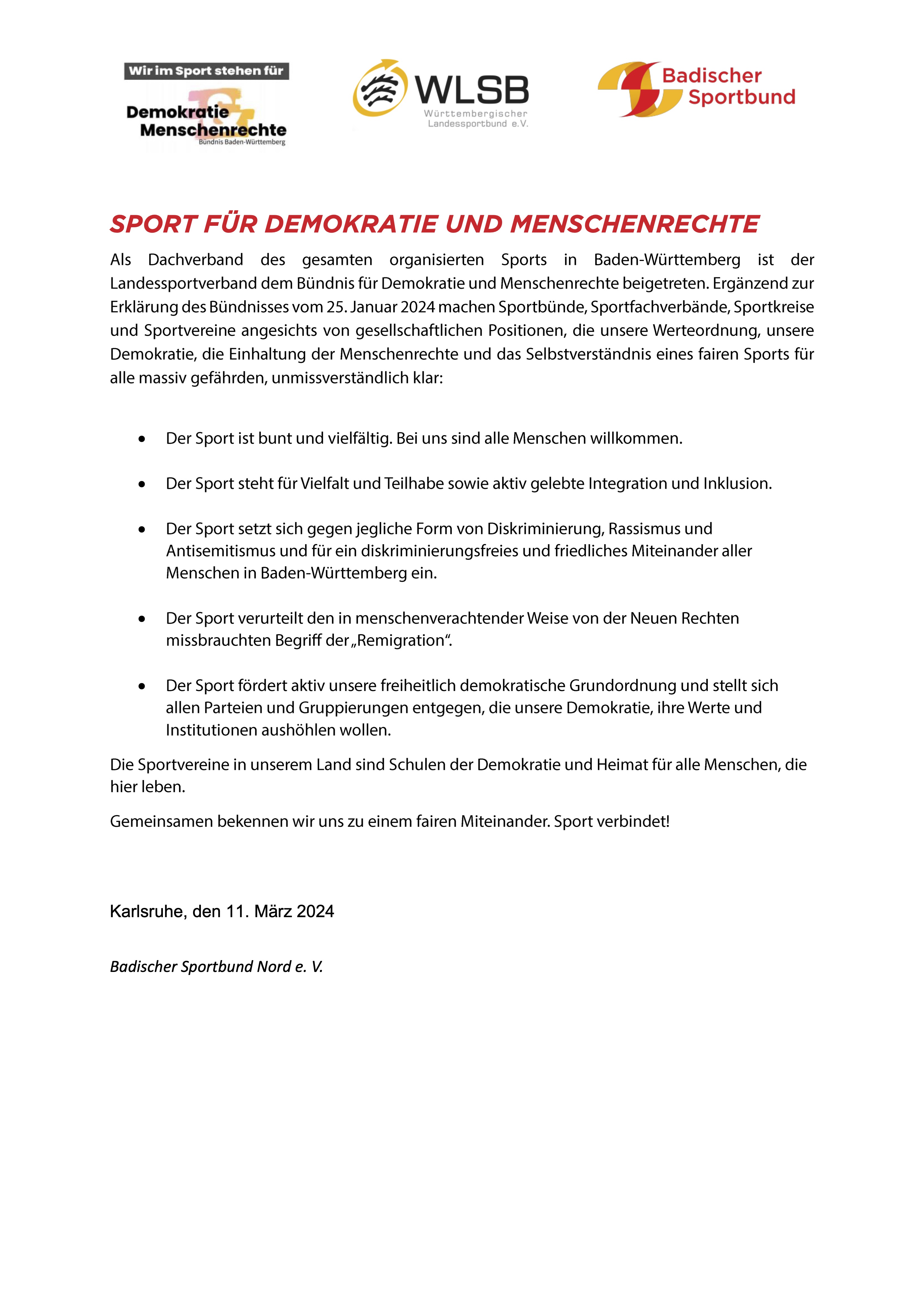 Erklärung Sport für Demokratie und Menschenrechte